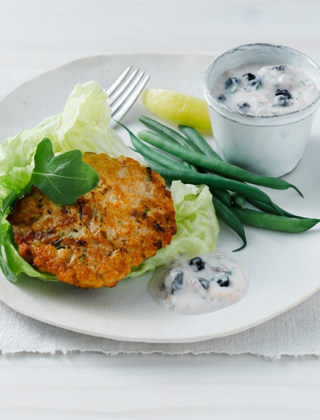 Salmon Burgers with Blueberry-Lemon Raita - Blueberry.org