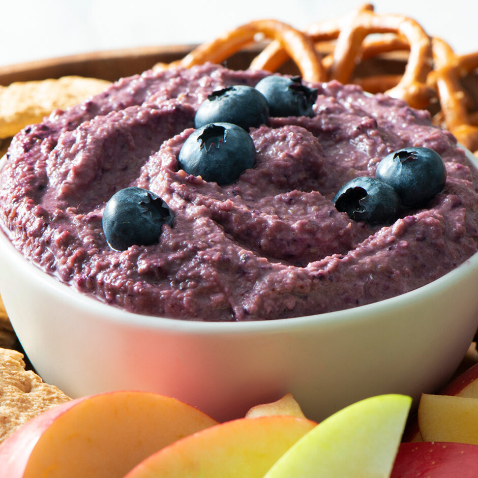 Snack Board with Blueberry Dessert Hummus