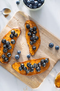 Sweet Potato Toasts with Blueberries and Tahini Sauce